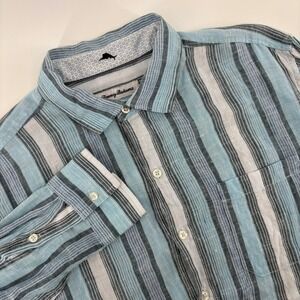 Tommy Bahama Mens 100% Linen Striped Long Sleeve Button Down Shirt Blue Grey L